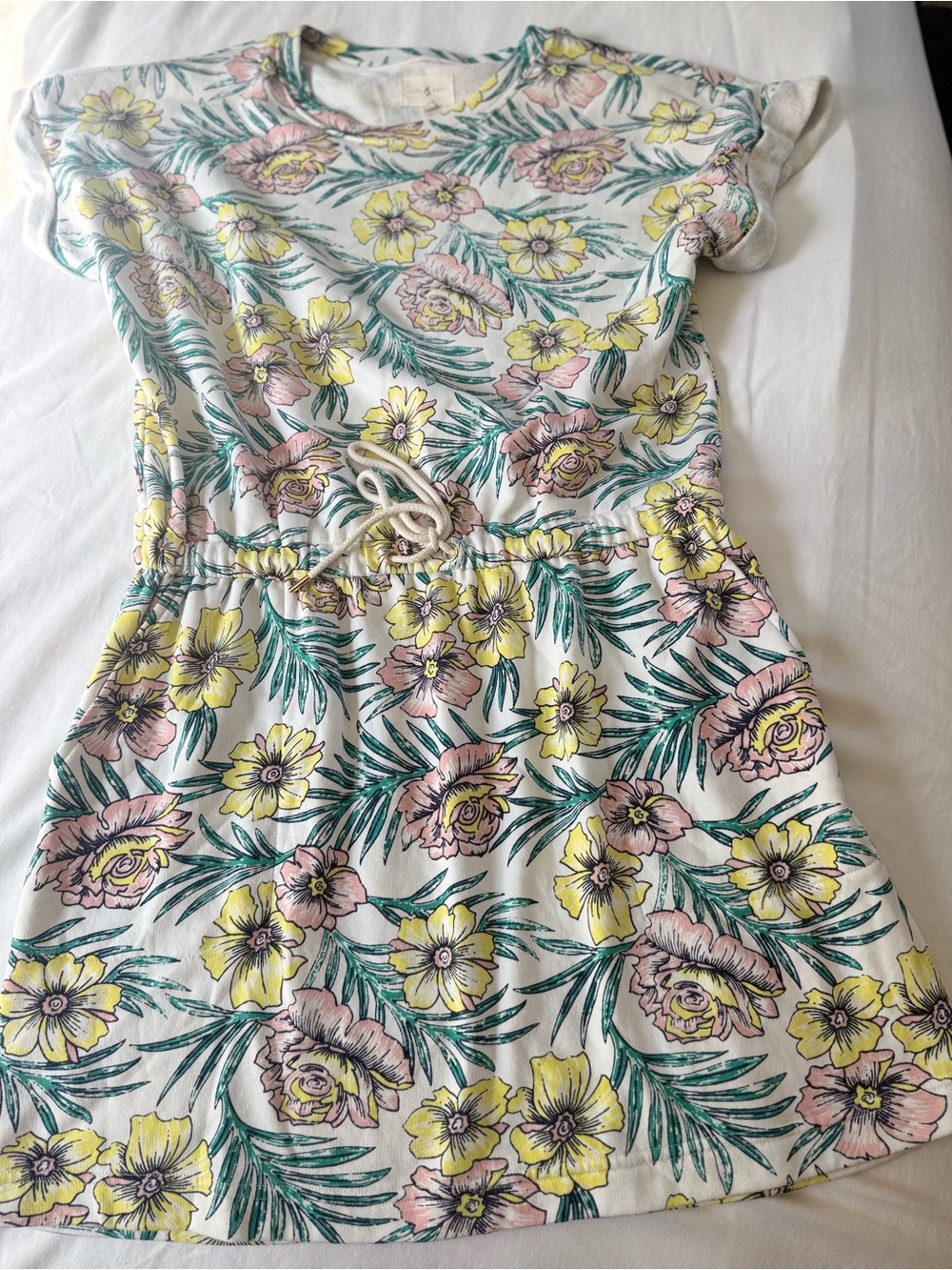 Lou & Grey White Floral Print Dress With Waist Cinch and Pockets size Large